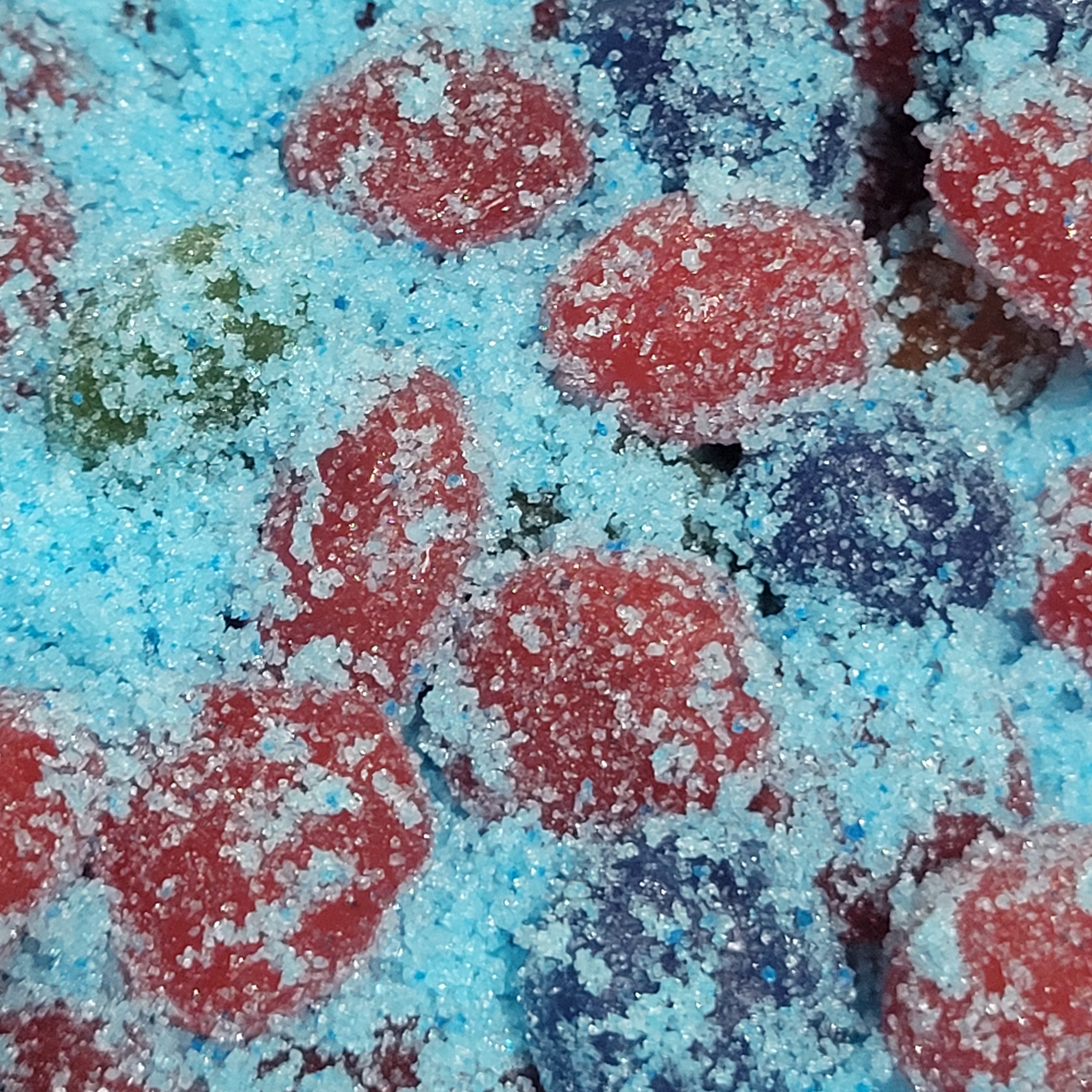 Close-up of gushers with a blue sour coating
