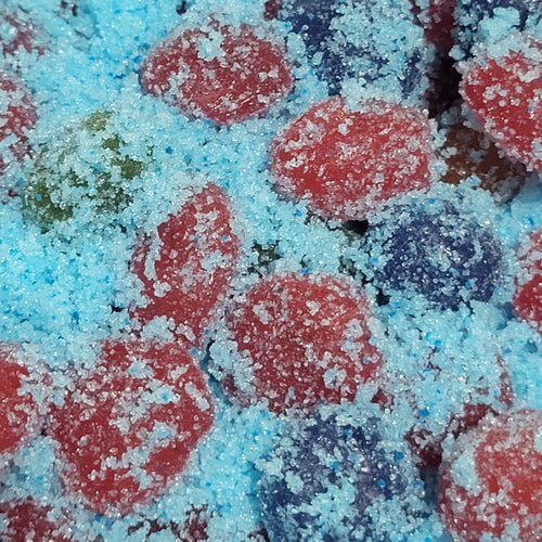 Close-up of gushers with a blue sour coating